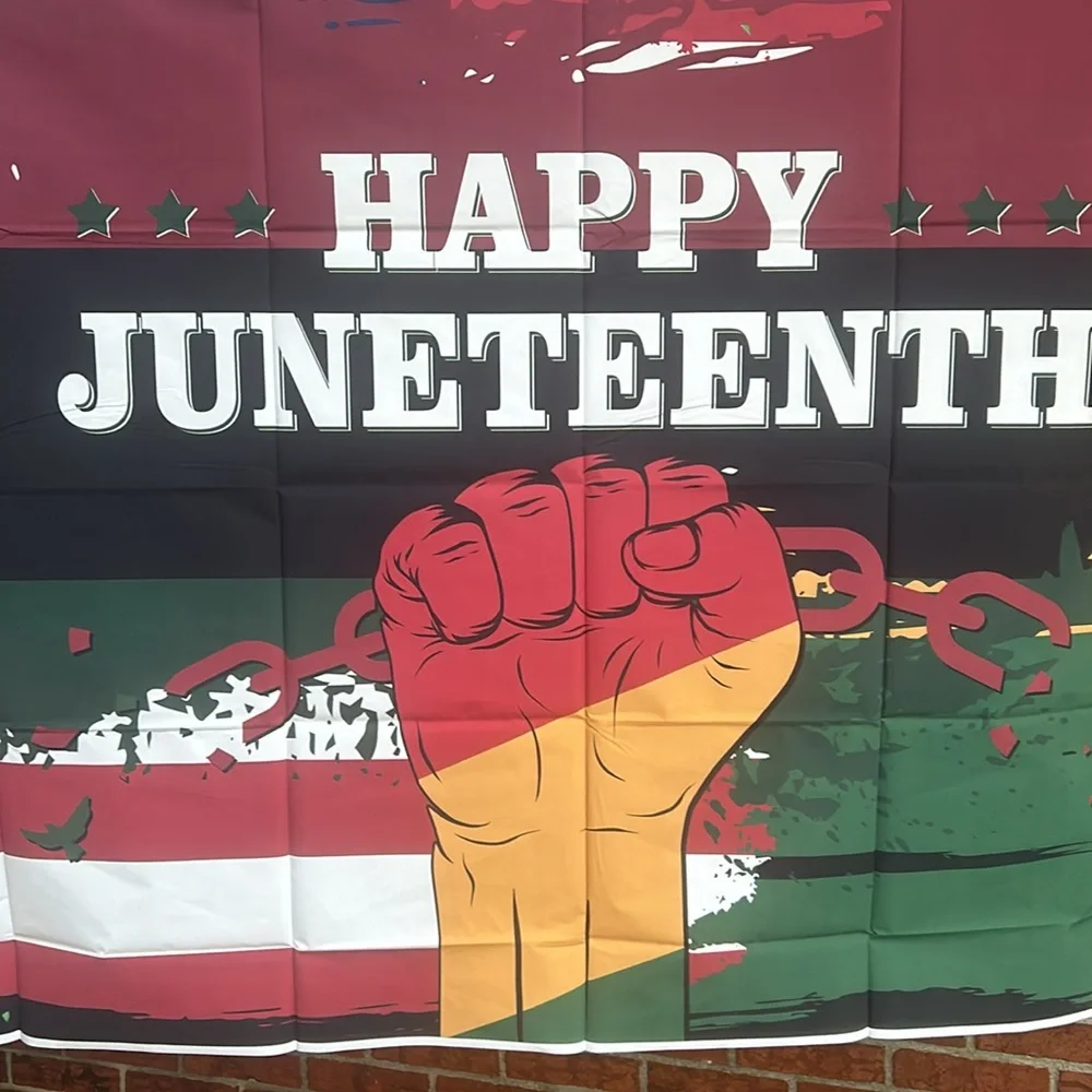 Happy Juneteenth / fist background,5 x 6,red,white,blue, green, black New